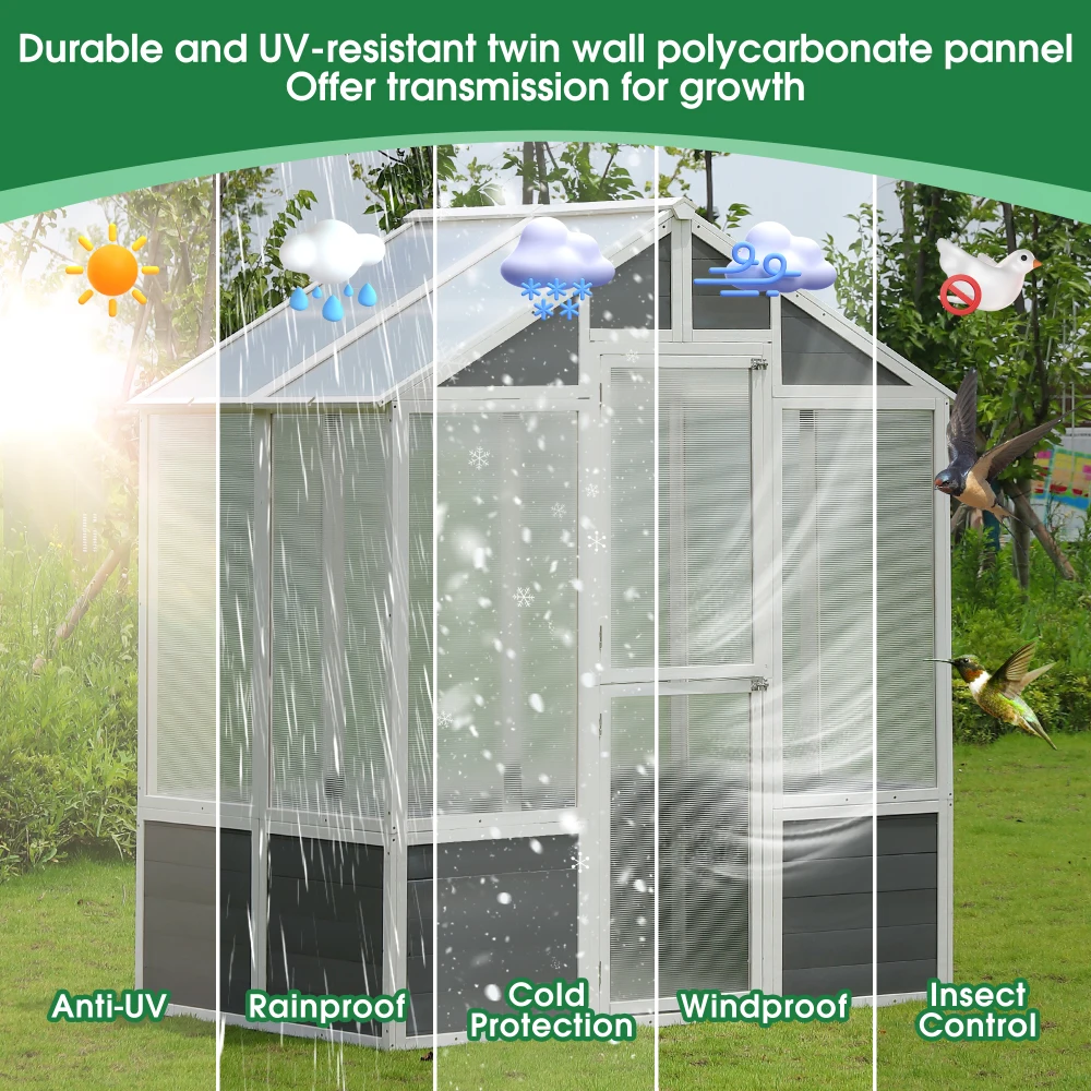 

Greenhouse, Wooden Greenhouse Polycarbonate Garden Shed for Plants, 76''x48''x86'' Walk-in Outdoor Plant Gardening Greenhouse