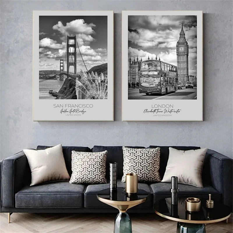 مطبوعات مناظر طبيعية لوحة قماشية ، ملصق رسم جداري ، مدينة سفر ، نيويورك ، لندن ، باريس ، سان دييغو ، غرفة معيشة ، ديكور منزلي #4