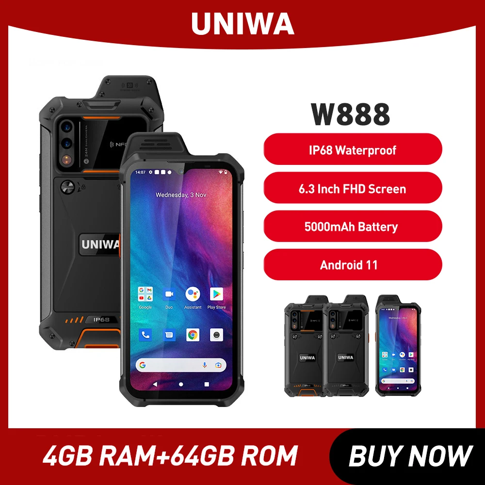 UNIWA W888 ATEXСмартфон , взрывозащищенный, 4 ГБ, 64 ГБ, Android 11, IP68, 5000 мАч, 6,3 дюйма