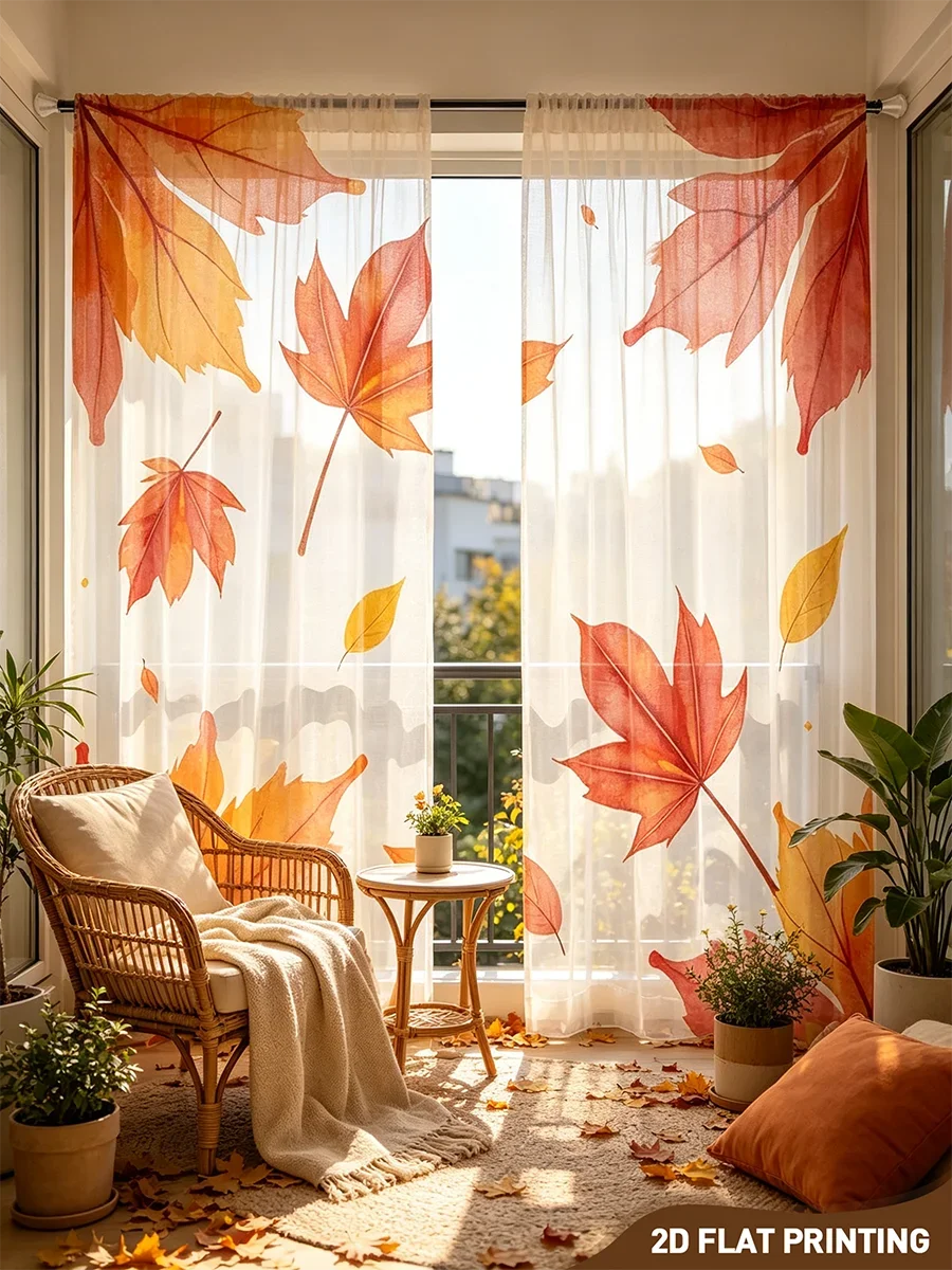 2PCS Digital Print Sheer Curtain, Four Side Red Maple, Autumn Fall Seasonal - Voile Drapes for Bedroom Living Room Decor
