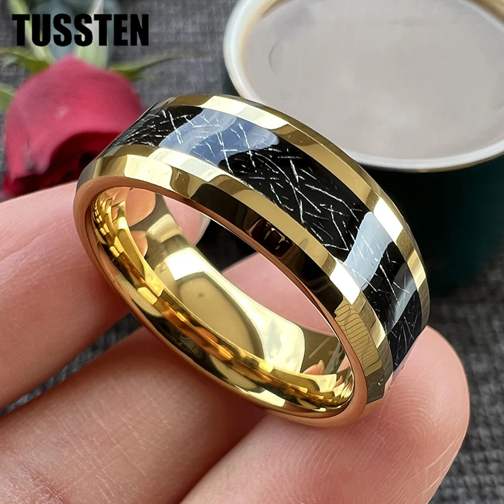 

Dropshipping TUSSTEN 8MM Black Meteorite Ring Men Women Tungsten Gold Wedding Band Beveled Polished Finish Comfort Fit