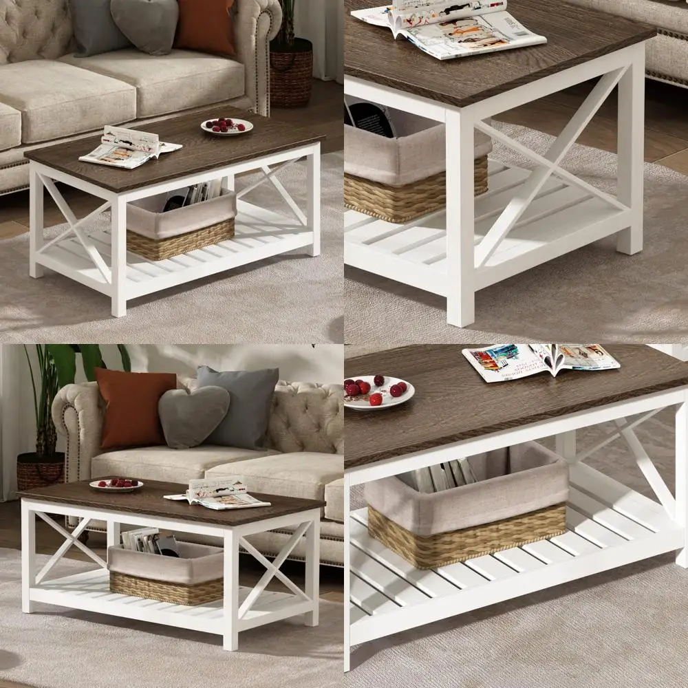 Mesa de centro rústica blanca vintage de granja con estante para salón