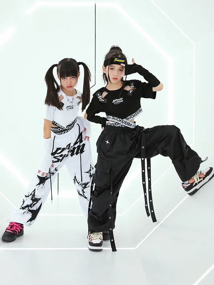 Hiphop Performance Kleding Kids Modern Dance Outfit Kpop Jazz Dance Kostuum Meisjes Kleding Zwarte Crop Tops Mode Broek