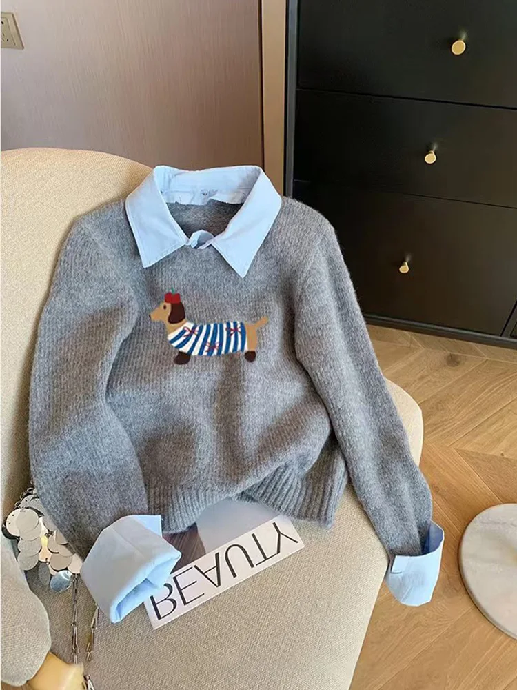 

Korean Gray Elegant Embroidery Pullover Sweater 2024 Autumn Winter Women Holiday Long Sleeve Knitwear Casual Tops Fashion Trend
