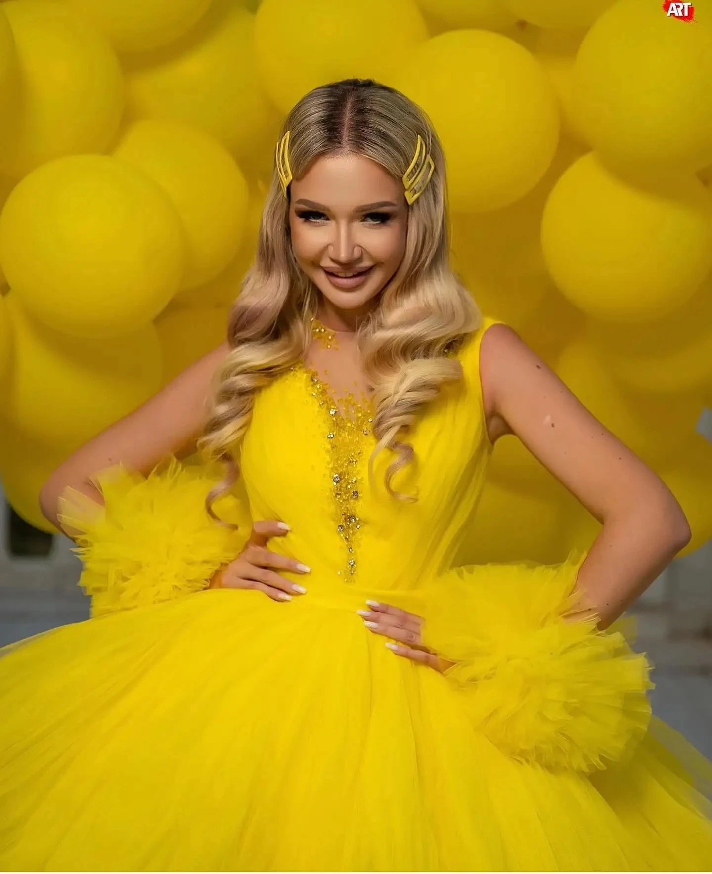 Amarelo tule longo vestidos de baile cristais frisado aniversário photoshoot vestidos de festa em camadas exuberante inchado alto baixo tutu vestido