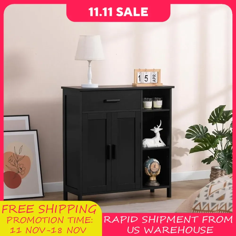 Storage Cabinet with Doors and Shelves, Floor Storage Cabinet with Drawer, Accent Cabinet for Living Room, Hallway, Black