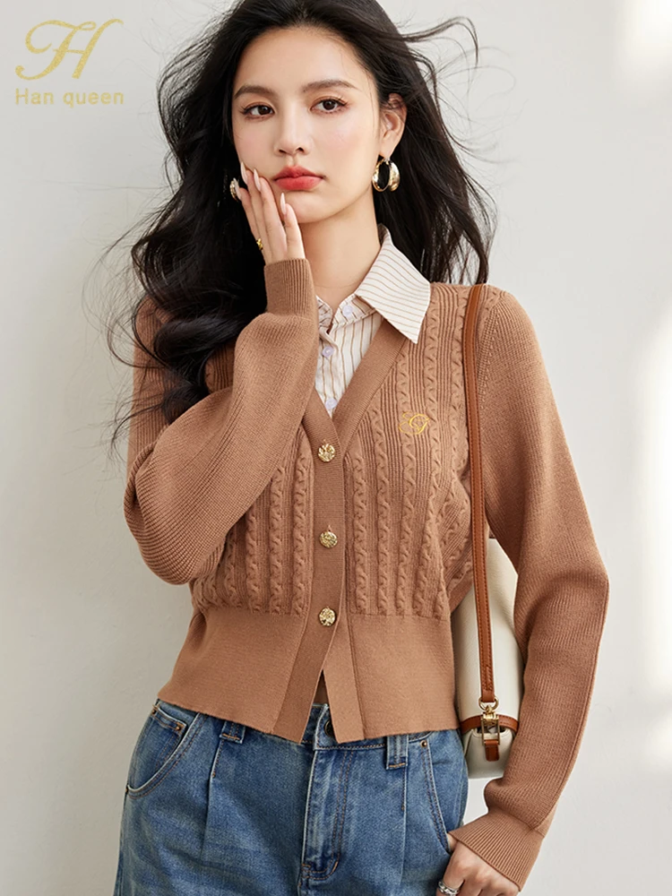 H Han Queen Korean Striped Color Blocking Knitted Cardigan Sweater Women Clothing Casual Basic Long Sleeve Vintage Sweaters Tops