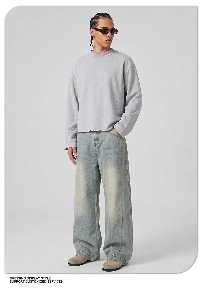Heavy Autumn and Winter Solid Color Sweater Men's Hem Rough Edge Retro Semi-turtleneck American Pullover Sweater