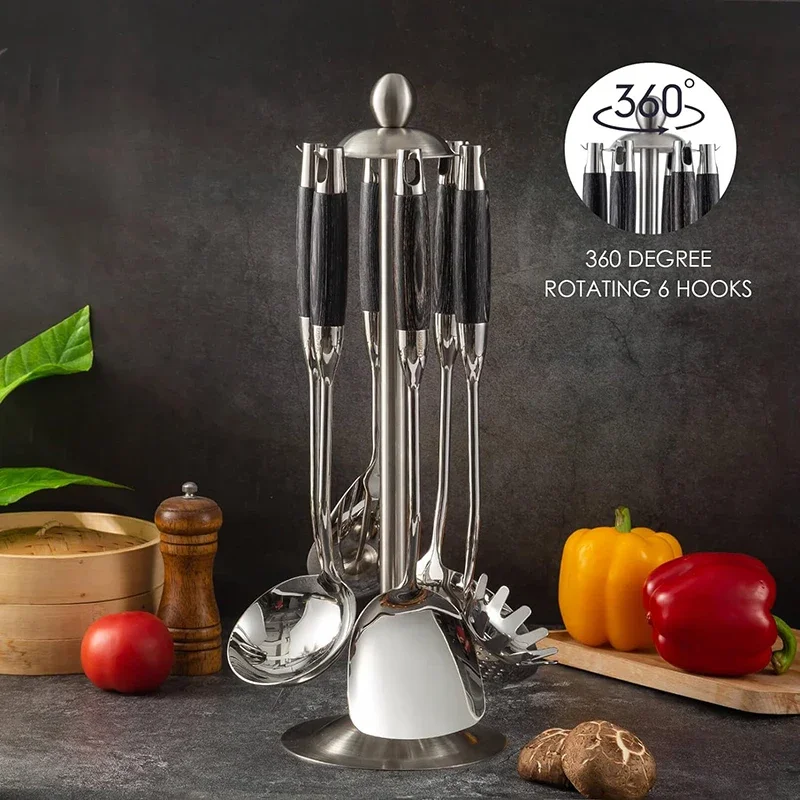 6/7 قطع من أدوات المطبخ المصنوعة من الفولاذ المقاوم للصدأ، أدوات الطبخ بمقبض خشبي - ملعقة مغرفة مقشدة، مصفاة خادم ملعقة #3