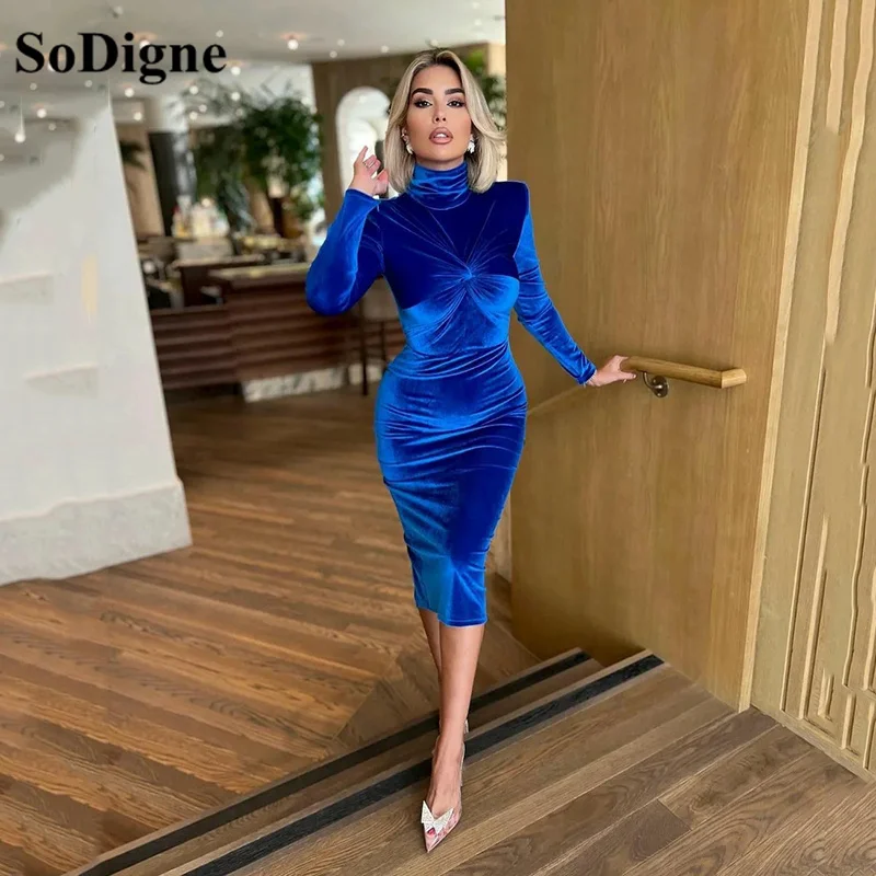 

SoDigne Blue High Neck Arabic Mermaid Evening Dress Long Sleeve Morocco Kaftan Soft Velvet Prom Dresses Long Women Party Gowns