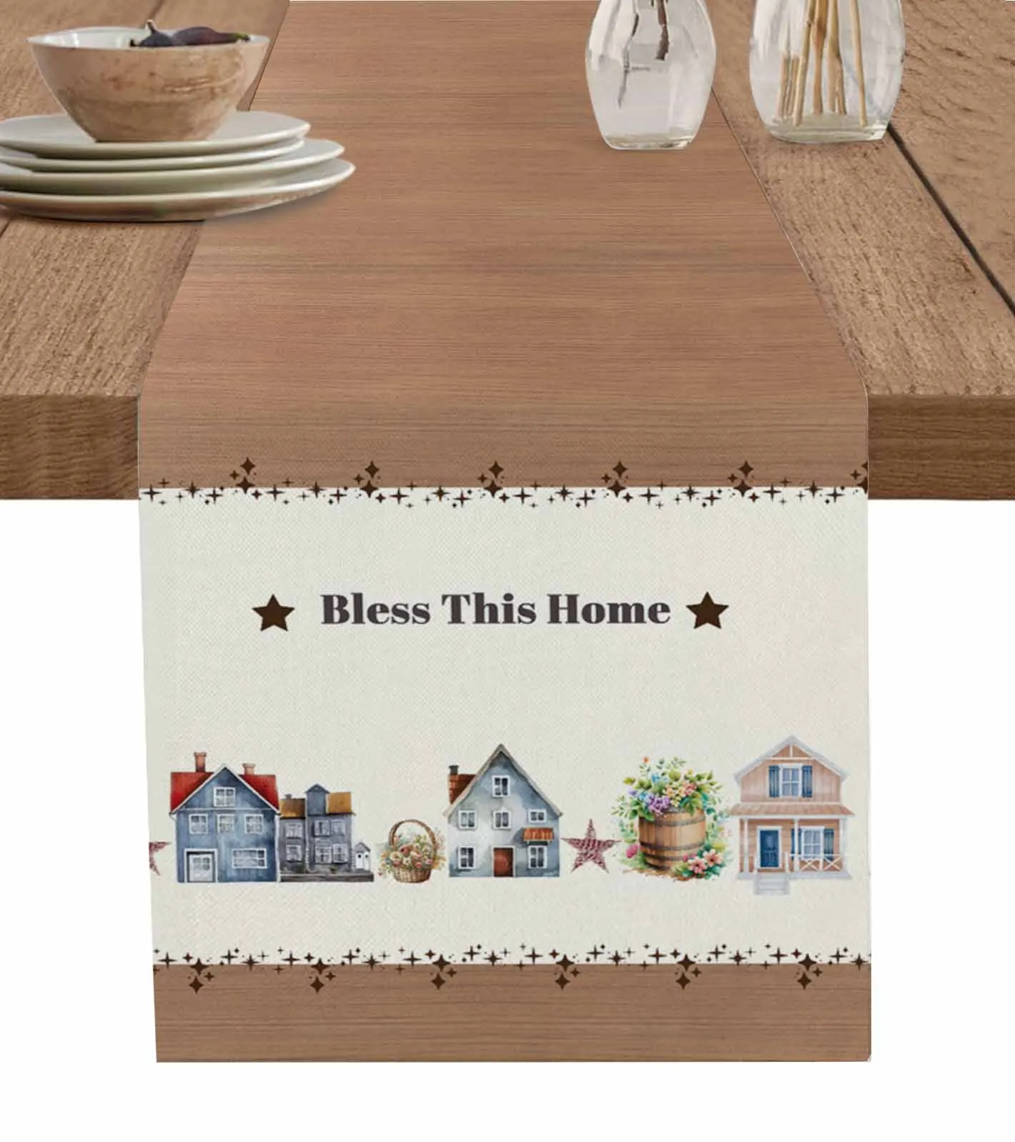 Watercolor House Stars Wood Grain Table Runner for Dining Table Kitchen Decor Tablecloth Wedding Dining Table Runner