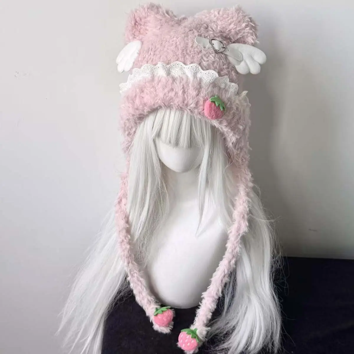 Sweet Kawaii Ruffle Strawberry Cat Ear Knit Beanie Women Japanese Preppy Style Cute Furry Hat Winter Y2K Harajuku Fashion Cap