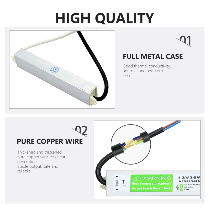 Lighting Transformer 90-250V AC to DC 12V 36W 3A LED Driver Adapter Aluminum Outdoor IP67 Waterproof Switching Power Supply