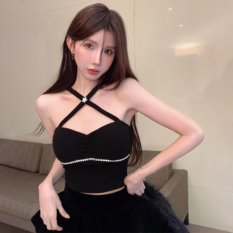 

Summer Pure Desire Sexy Rhinestone Halter Sleeveless Slim Knitted Vest For Women