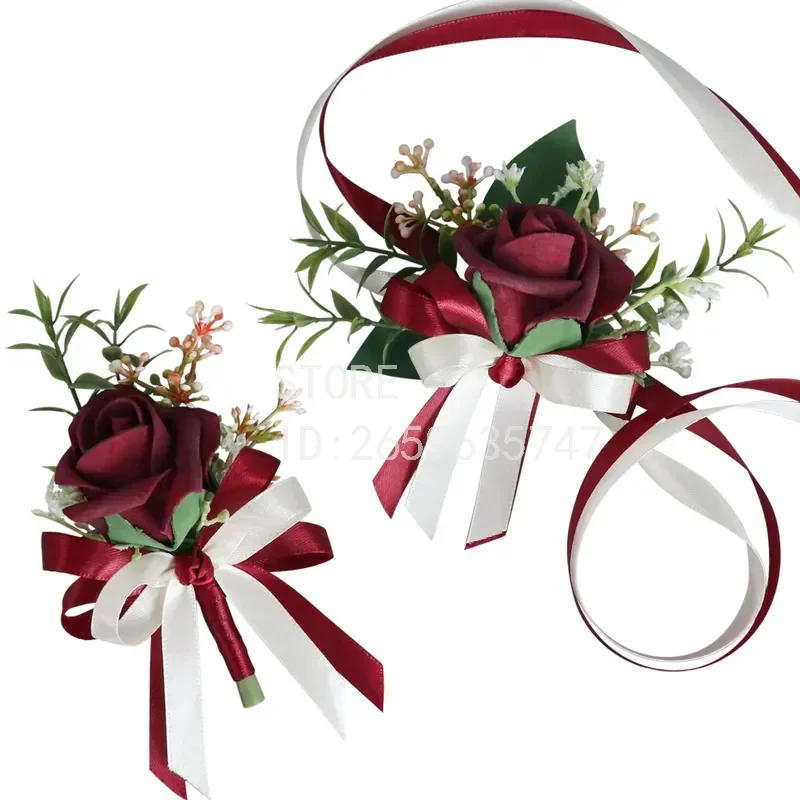 New Chinese Wedding Corsage for Groom and Bride Simulated PE Rose Boutonniere Opening Celebration Decorative Flower Cross