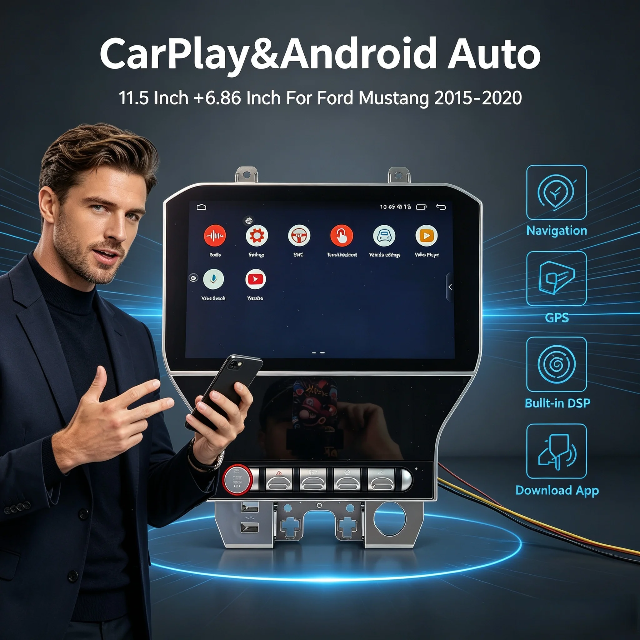 For Ford Mustang 2015-2020 Car Radio AC Screen Android 13 Car Multimedia Player Stereo Player Radio 8Core Carplay Resolution