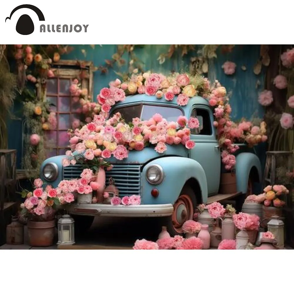 

Allenjoy Spring Flower Vintage Truck Photography Backdrop Pink Floral Blossoms in Garden Photoshoot Background