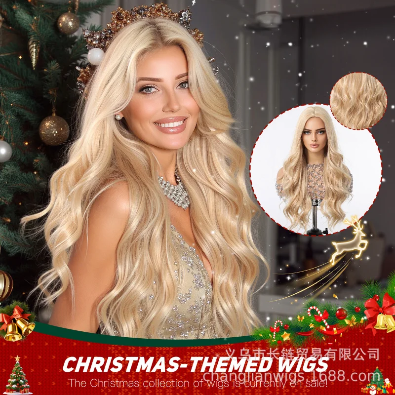 

European American style Christmas golden wavy curly hair, fluffy and natural full head synthetic wig for women