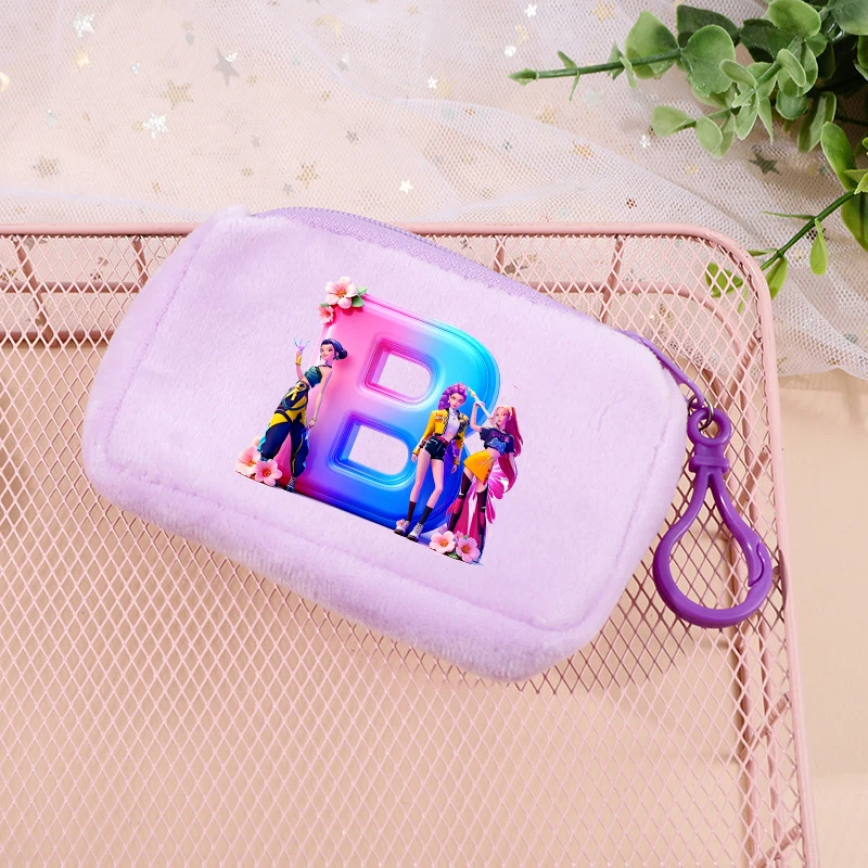 Monedero de felpa KPop Demon Hunters, billetera con 26 letras impresas de película de Anime, mochila Kawaii para niño y niña, bolsas de almacenamiento portátiles con colgante