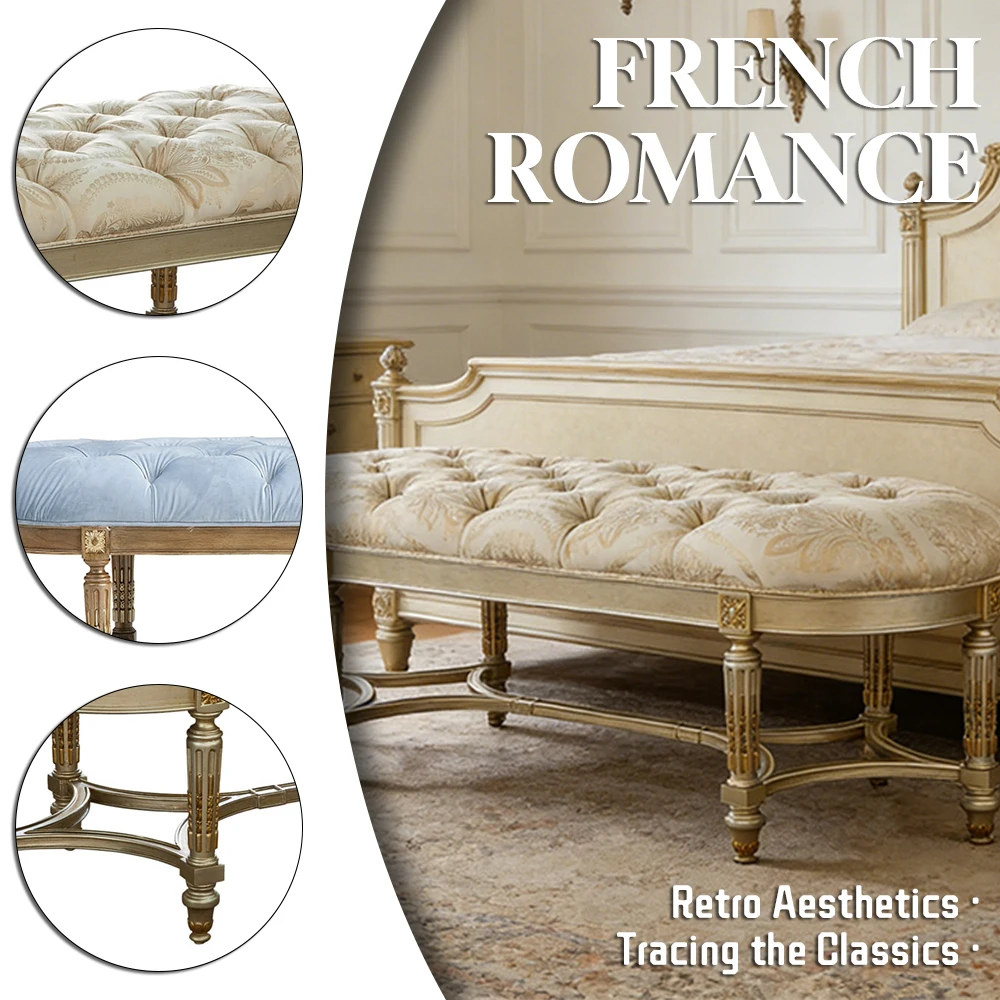 Exquisite Hand-Carving Customized Luxury Home Bedroom Solid Wood Bench Sky-blue Velvet Tufted Upholstery Bed Bench Wood