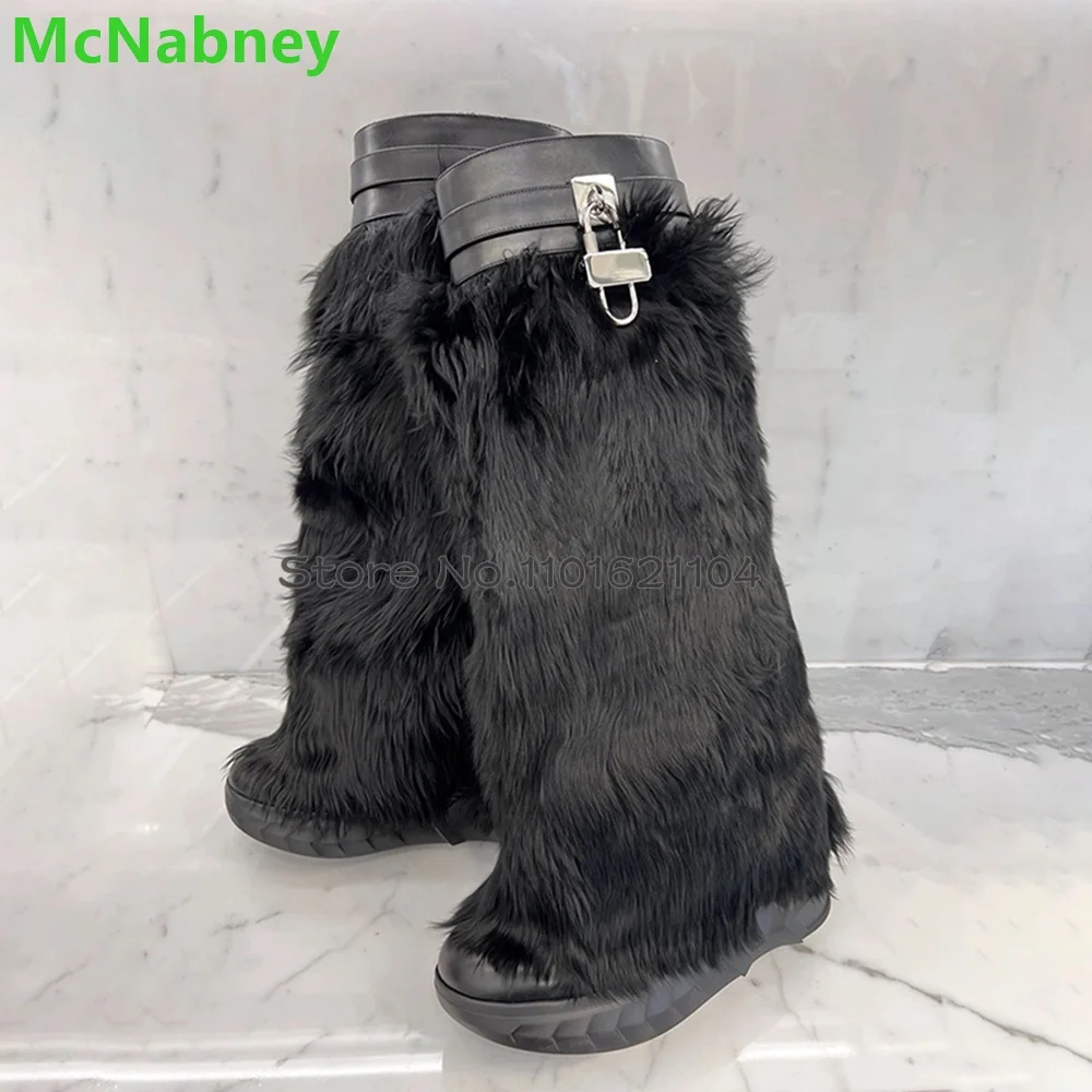 

Black Hairy Lock Metal Shark Boots For Female Women 2024 Winter New Round Toe Wedge Heel Thick Sole Luxury Elegant Fashion Shoes