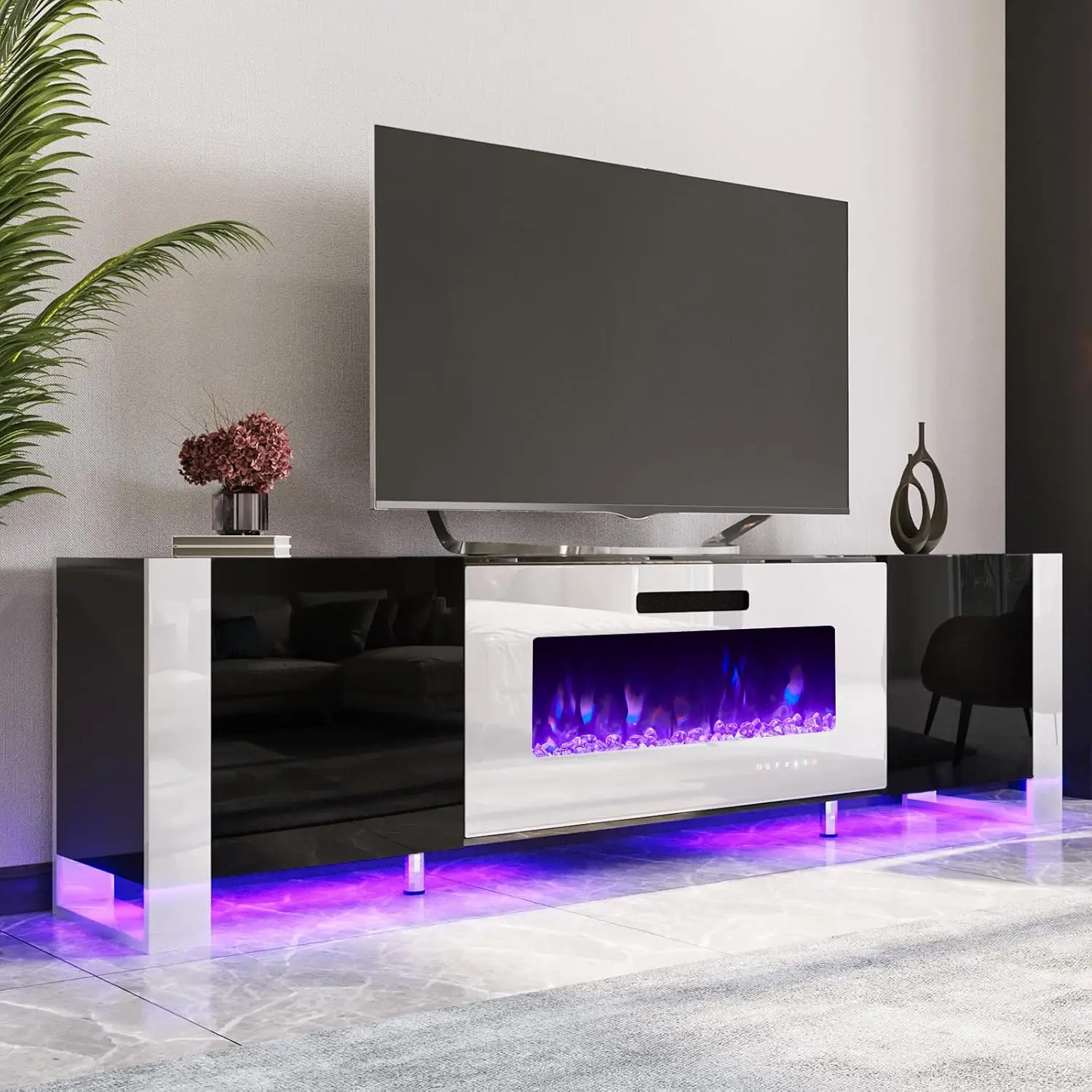 

Fireplace TV Stand with 40" Fireplace, 80" Modern Entertainment Center with High Gloss Doors & LED Lights, U-Shaped Legs TV Cons