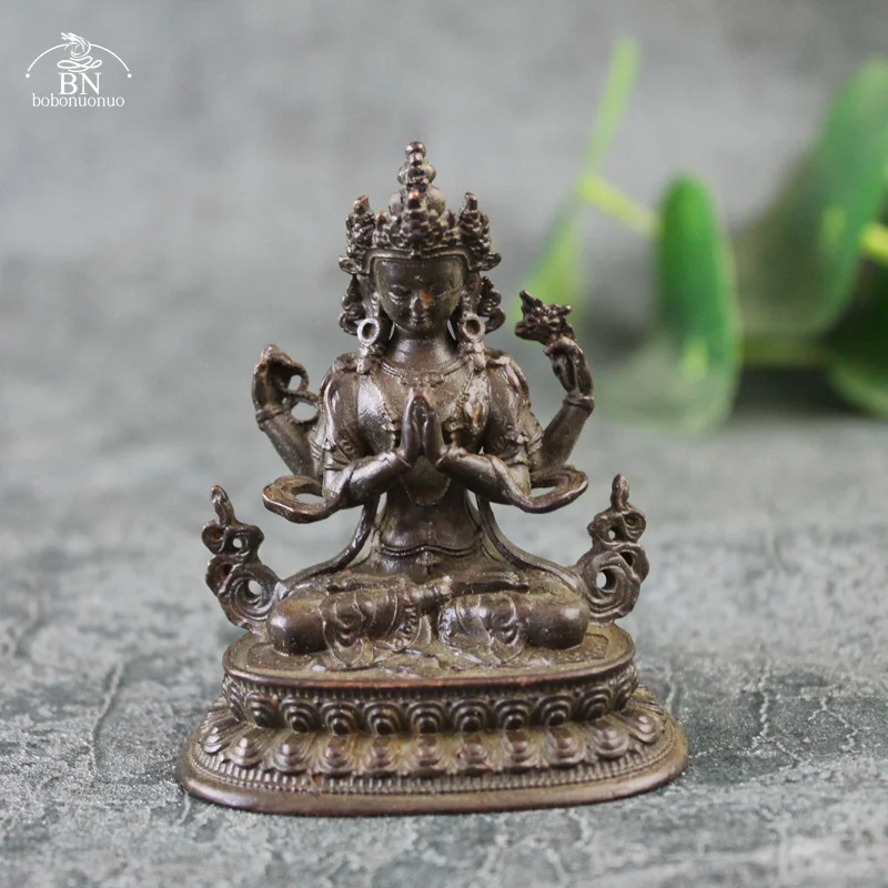 Quatro braços Avalokitesvara Bidhisattva Estátua, Antique cobre Enfeites de mesa, tibetano padroeiro São Figurinhas, Decoração para casa Artesanato