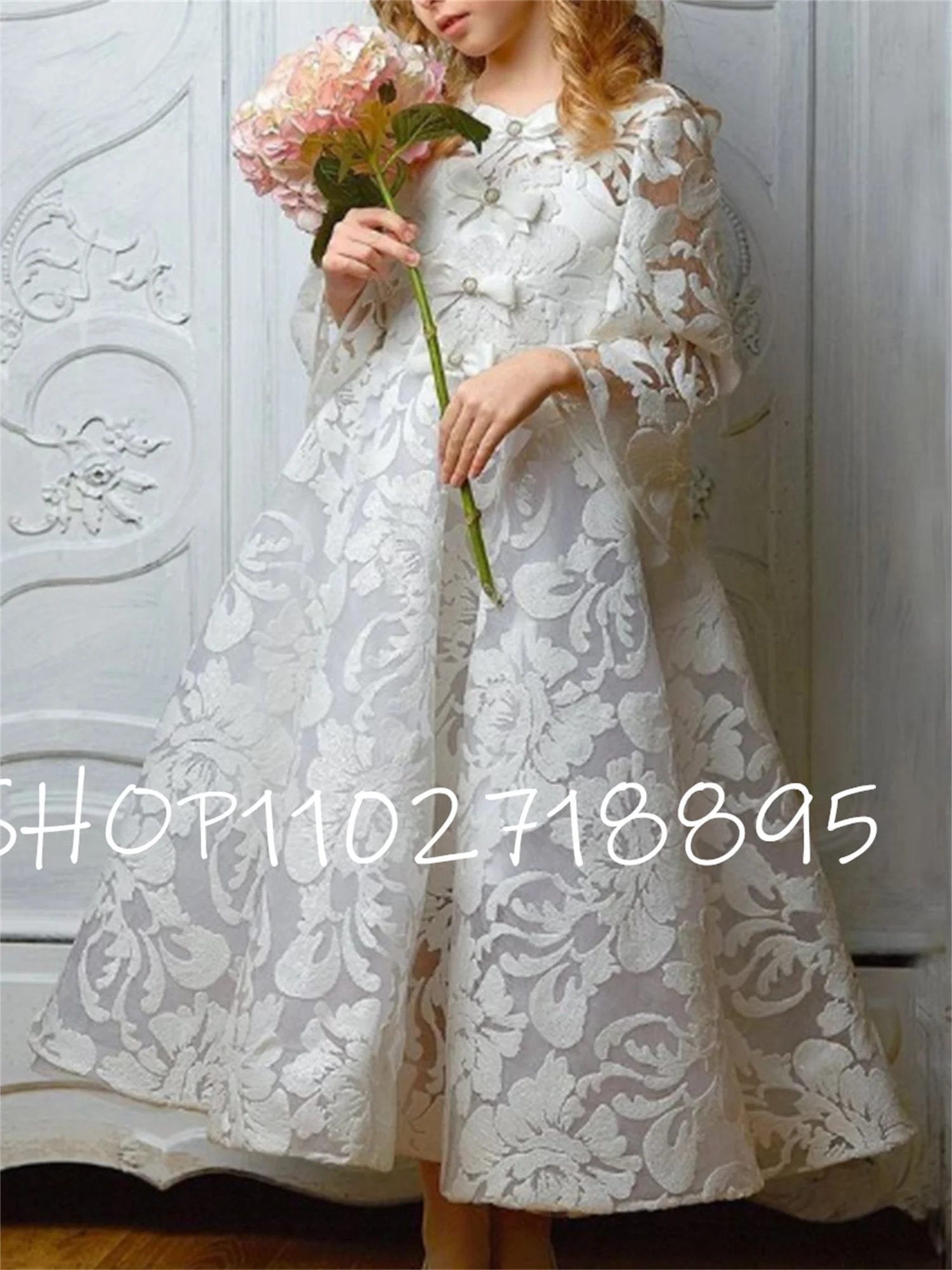 

Exquisite Flower Girl Dress White Floral Lace Kids Birthday Three Quarter Sleeve Princess Ankle Length Wedding Beach Prom Dress
