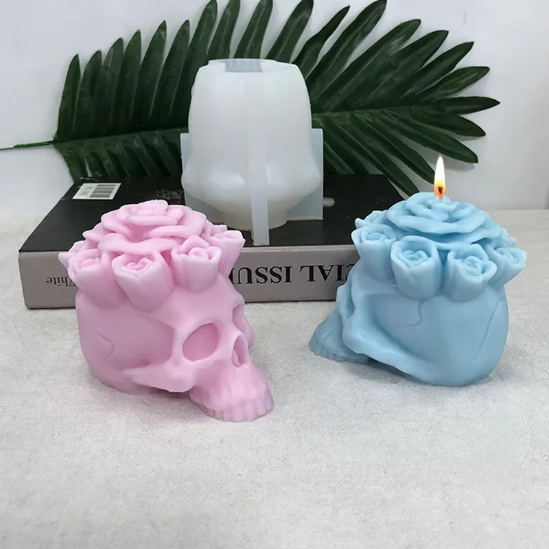 3D Roses Skull Candle Silicone Mold DIY Halloween Skull Candle Mold Candle Making Gypsum Soap Epoxy Resin Mold Gift Home Decor