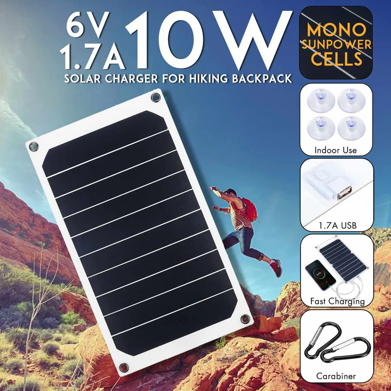 USB Solar Charger Panel 6V 10W Portable Solar Panel Output USB Outdoor Portable Solar System for Phone Charger