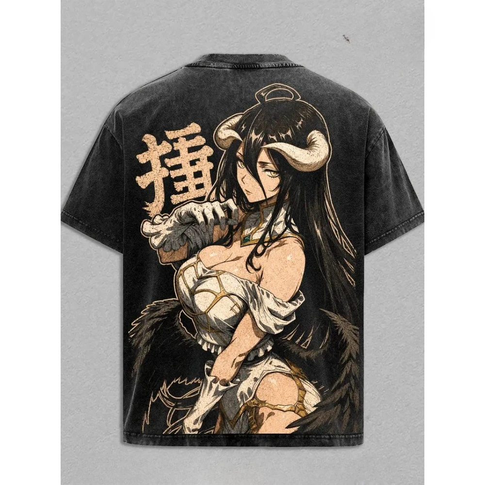 Overlord Albedo Printed Tee Men Women Washed Cotton T-shirts Anime Vintage Casual T Shirt Short Sleeve Oversized Streetwear