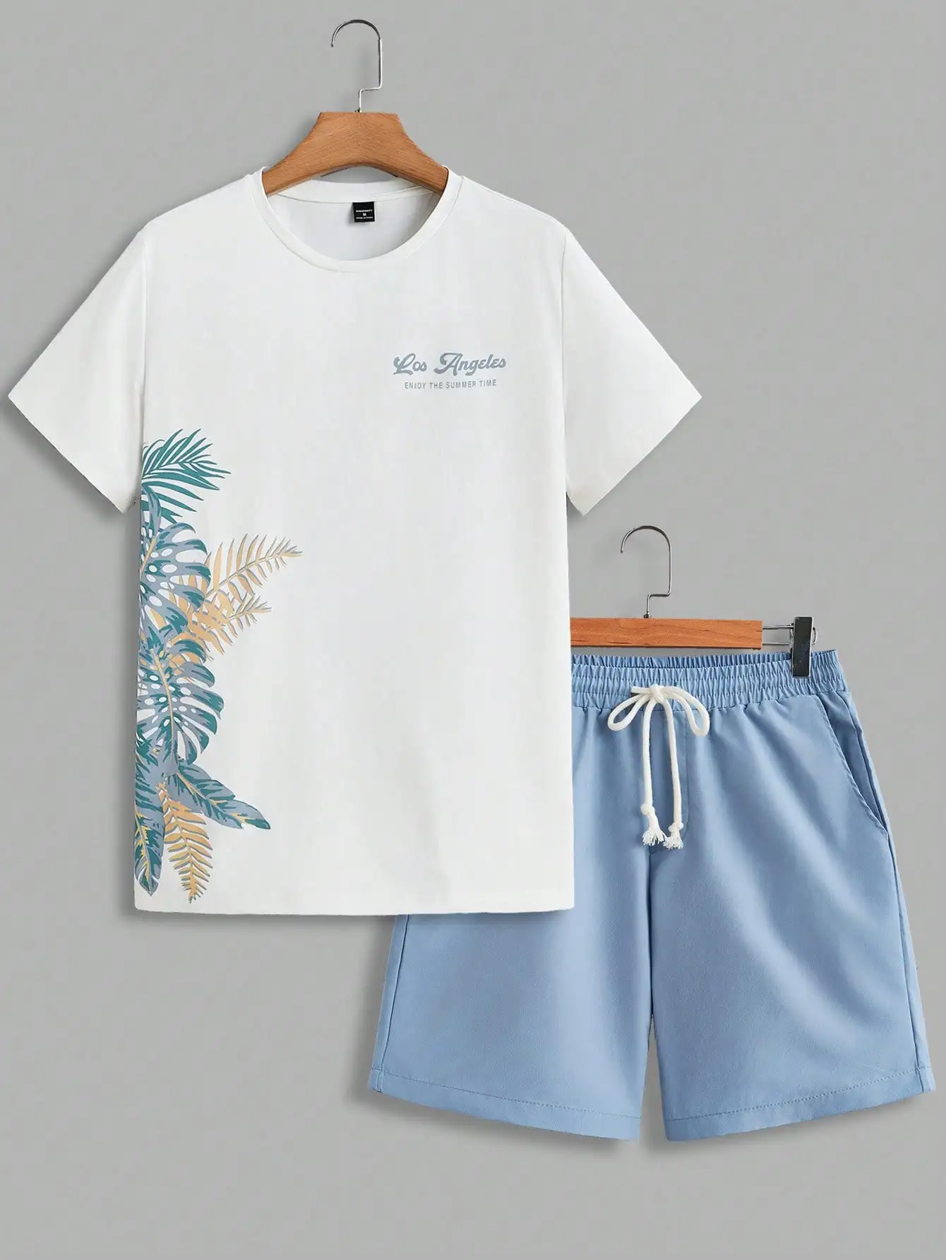 Coqueiro masculino padrão de planta tropical manga curta shorts, conforto do verão, roupa de rua para férias ao ar livre, tendência da moda