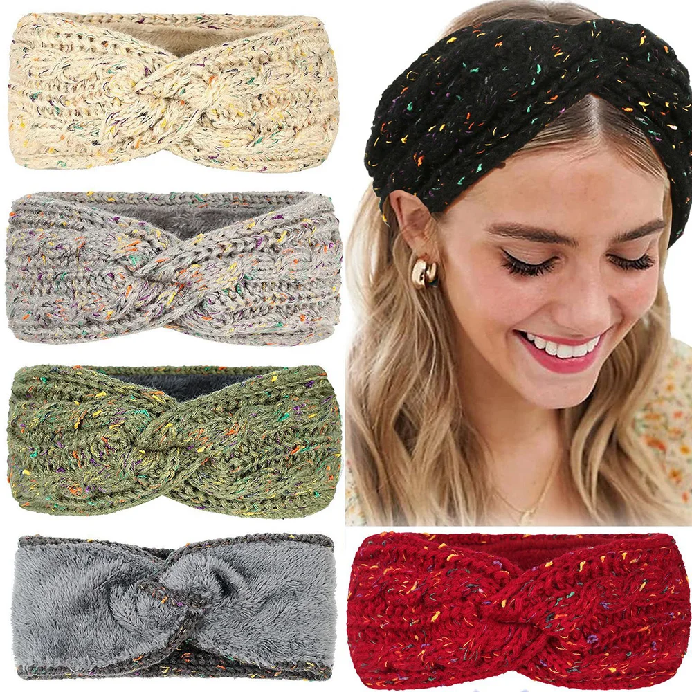 Bandana de tricô de lã feminina, faixa de cabelo colorida, forrado a pelúcia, turbante elástico, aquecedor de ouvido, headwrap, outono inverno