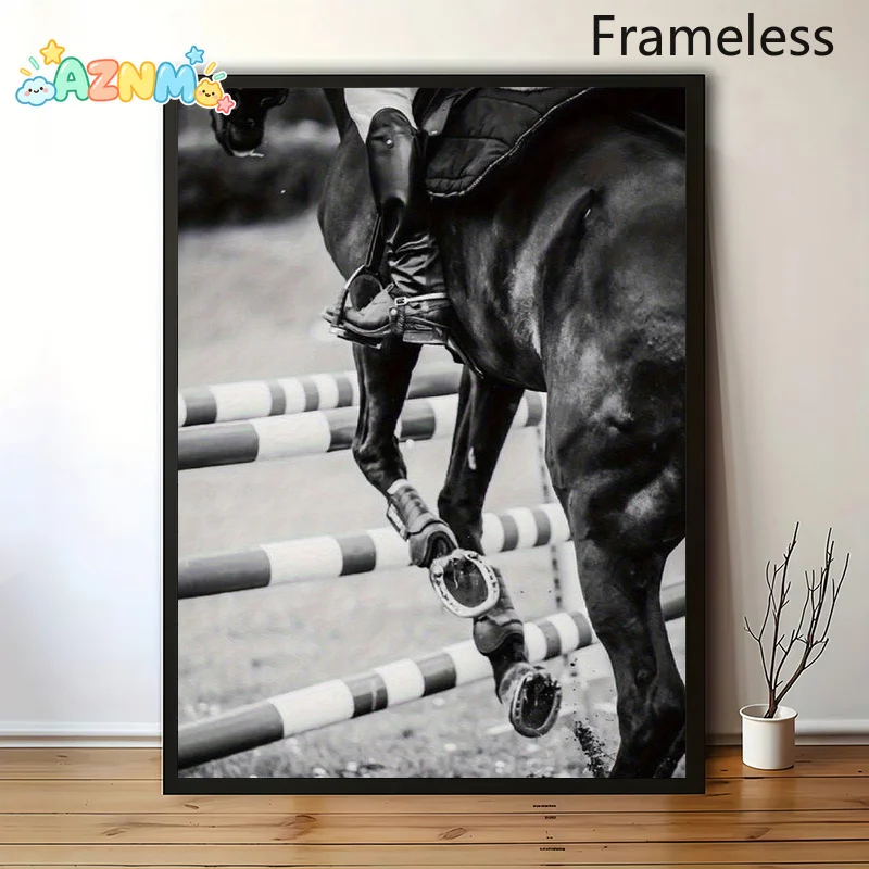 2D Flat, 2D Flat, A Frameless Modern Minimalist Black And White Equestrian Canvas Wall Art - Featuring a Horse Rider Jumping