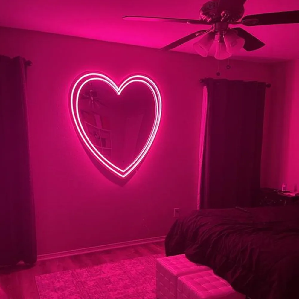 Enseigne de miroir au néon rose ondulé, signalisation au néon LED personnalisée, décoration murale, beau miroir de maquillage