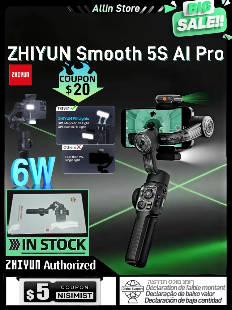 【NEW】 ZHIYUN SMOOTH 5S AI Pro Tracking 3-Axis Smartphone Gimbal Handheld Stabilizer for iPhone 16Pro Max for Xiaomi Vlog Filming