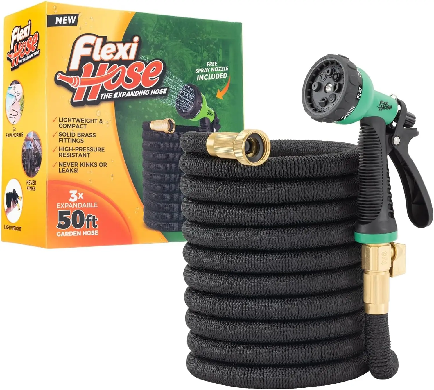 

Expandable Garden Hose with 8-Function Nozzle, 50FT Lightweight Retractable Water Hose, No-Kink Flexibility, Brass Fittings