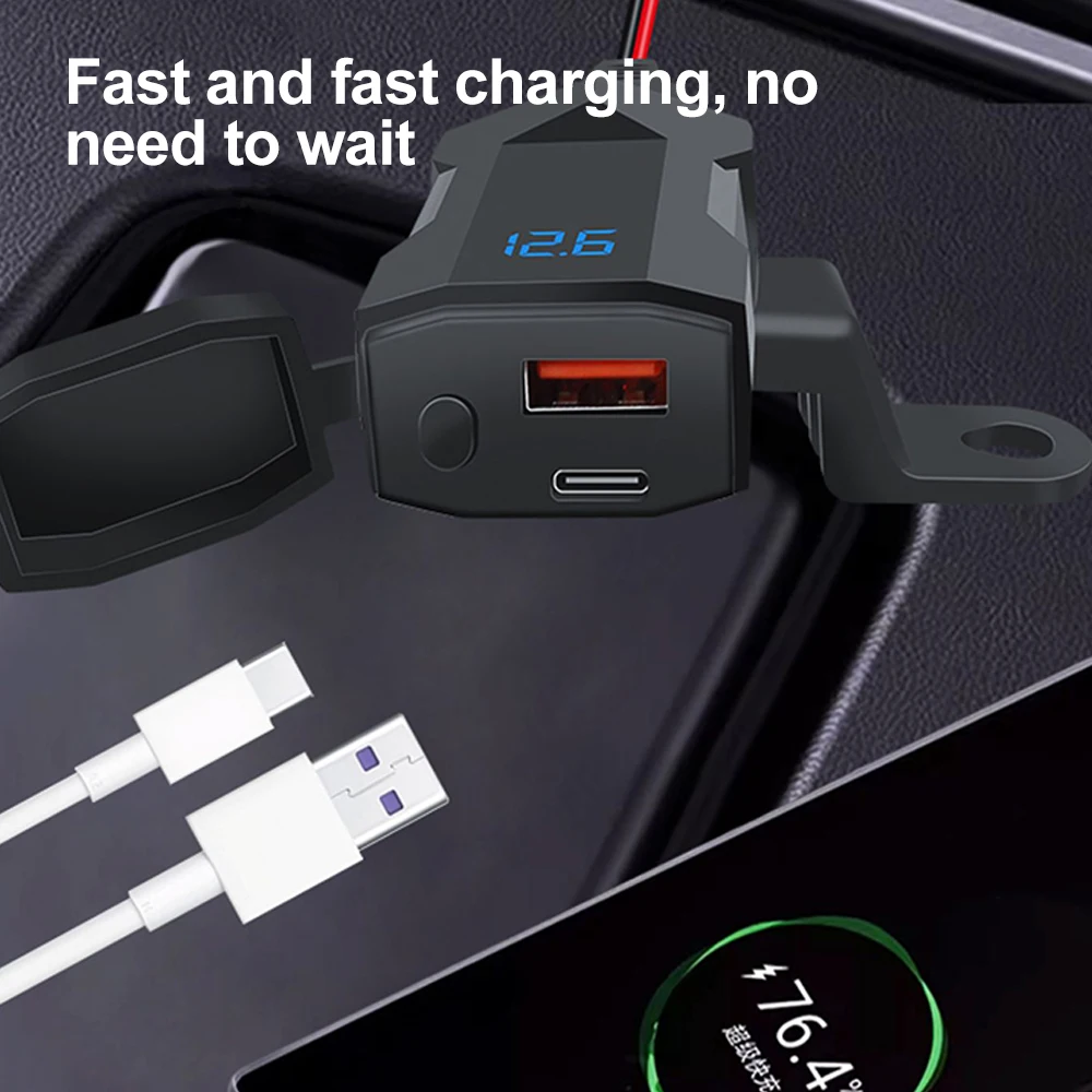 PD QC3.0 Motorcycle USB Fast Charger Handlebar Dual USB Socket with Switch Voltmeter Waterproof 12V Power Supply Adapter view 4