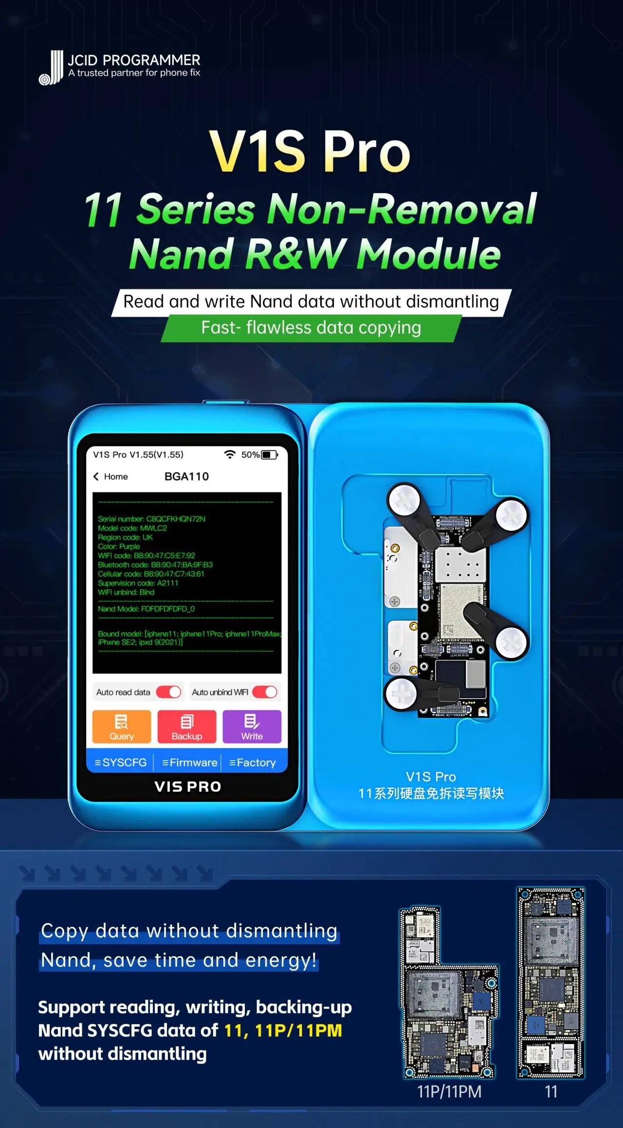 Módulo de Cópia de Dados JCID V1S Pro Max Nand SYSCFG, Nenhuma Desmontagem Necessária, Série 11, Não Remoção, Nand R & W, Nand SYSCFG