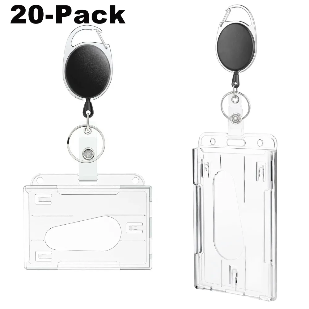 

20 упаковок, держатель для бейджа с 2 картами и слотами для большого пальца, жесткий прозрачный защитный чехол для ПК с выдвижной катушкой для бейджа, карабин, зажим