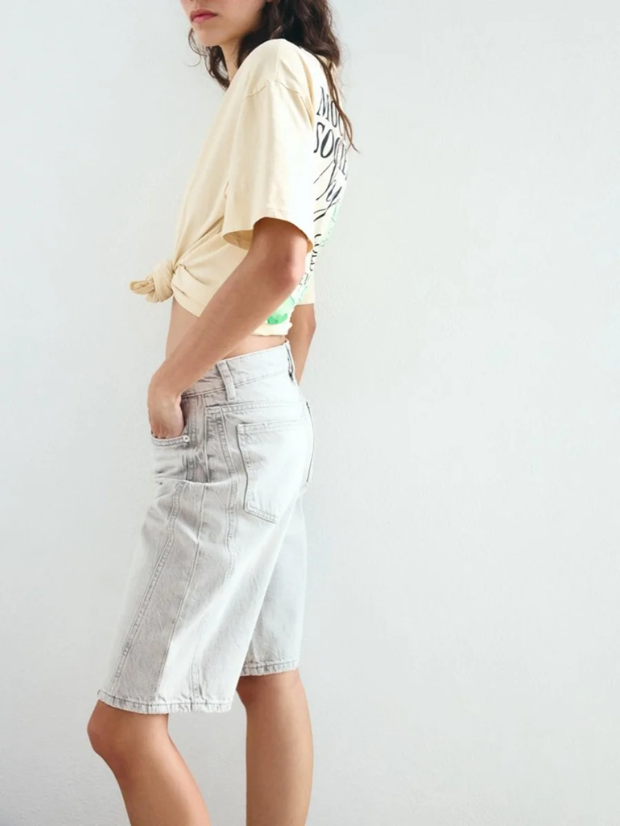 

High Waist Straight Leg Bermuda orts Women's New Summer Collection Denim ket Detail Casual Faion 25-29 Years Old