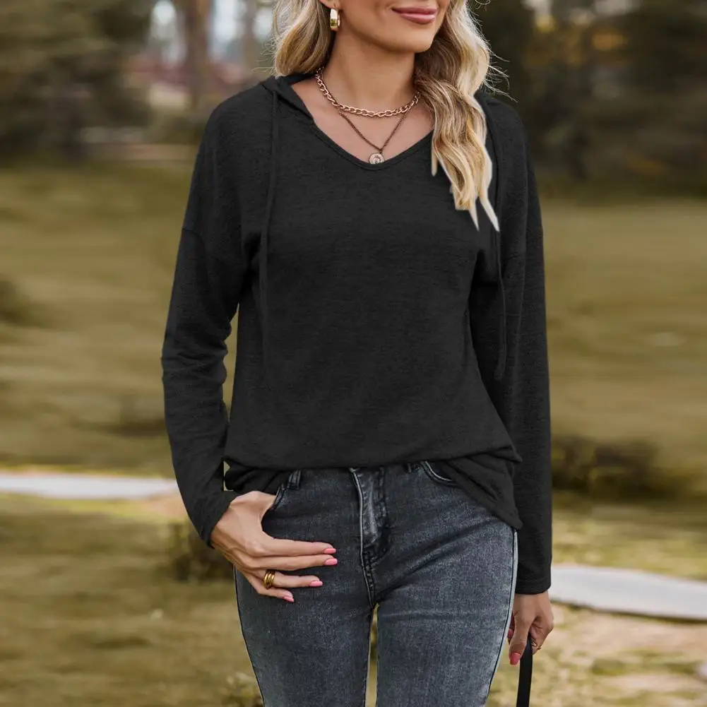 Camiseta elástica y agradable a la piel para mujer, Blusa con Capucha con cordón y cuello en V, suave y transpirable, longitud media