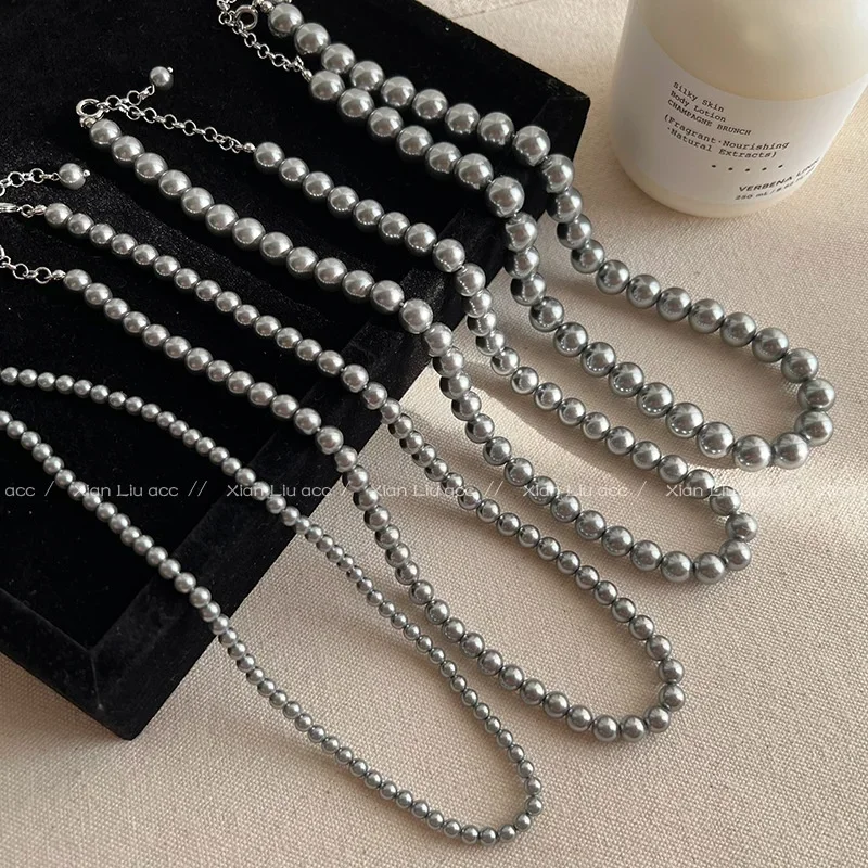 6 8 10 12 14 mm Size Luxury Fashion Graceful Gray Imitation Pearls Choker Necklaces For Women Jewelry Wedding Accessories