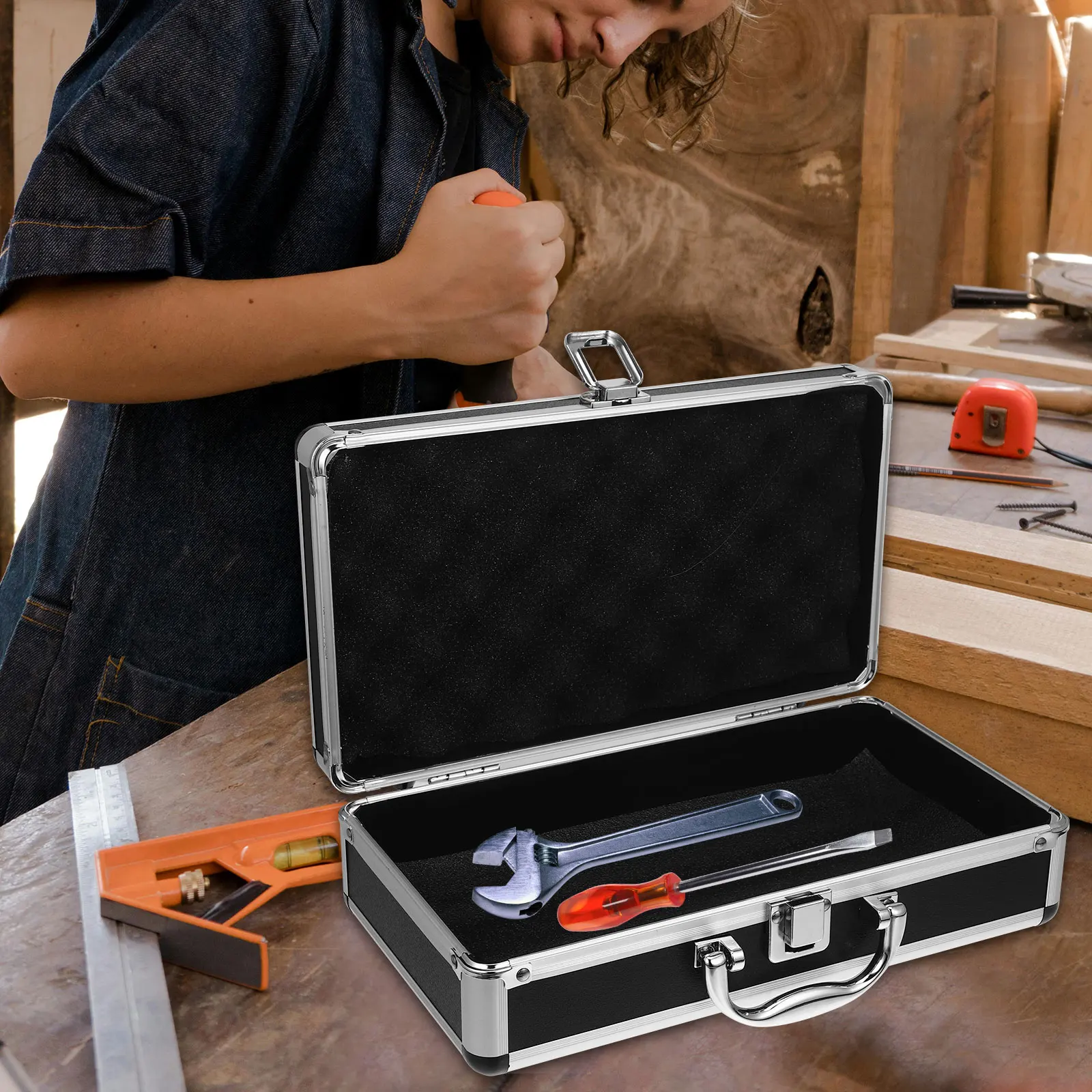 

Password Suitcase Aluminum Alloy Toolbox Black Round Corner Large Capacity Storage Medicine Case Tools Containers Portable Box