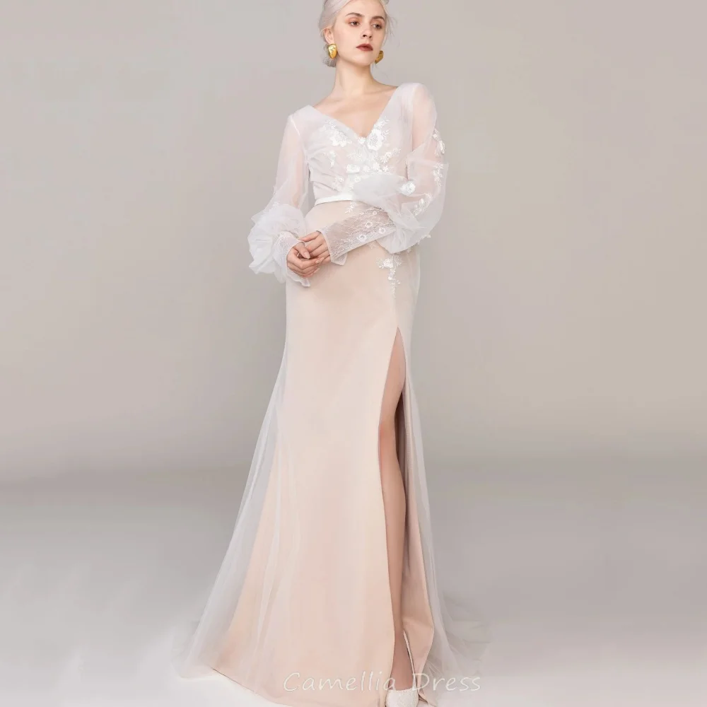 Customized Mother of the Bride Dresses Lantern Sleeve Mermaid Bride Party Dress V Neck Applique Gown Split robe invite mariagee
