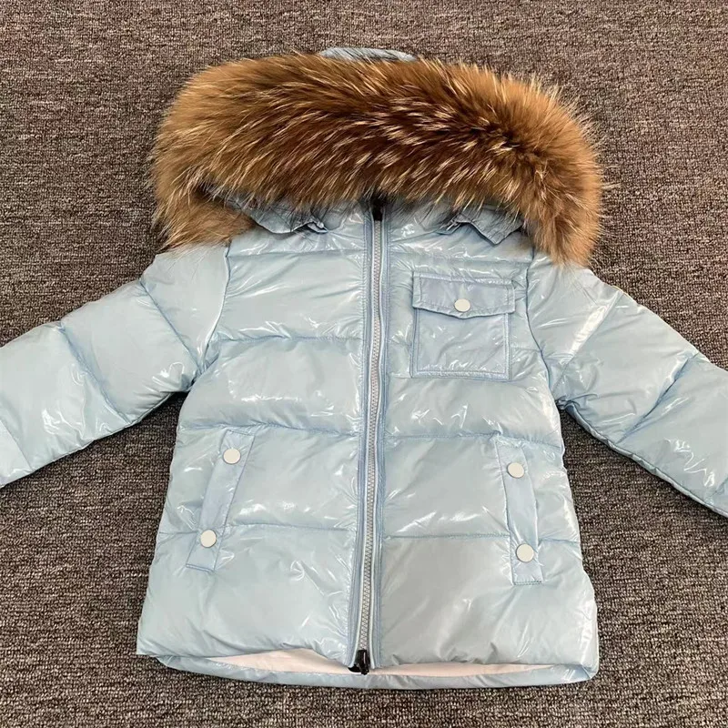 

Children's Winter Down Jacket Shiny Luxury Natural Fur Collar Toddler Boys Hooded Coat Baby Girls Warm Snowsuit Kids Parkas