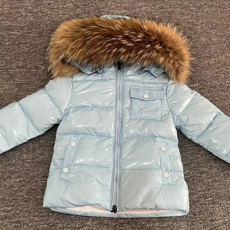 Children's Winter Down Jacket Shiny Luxury Natural Fur Collar Toddler Boys Hooded Coat Baby Girls Warm Snowsuit Kids Parkas