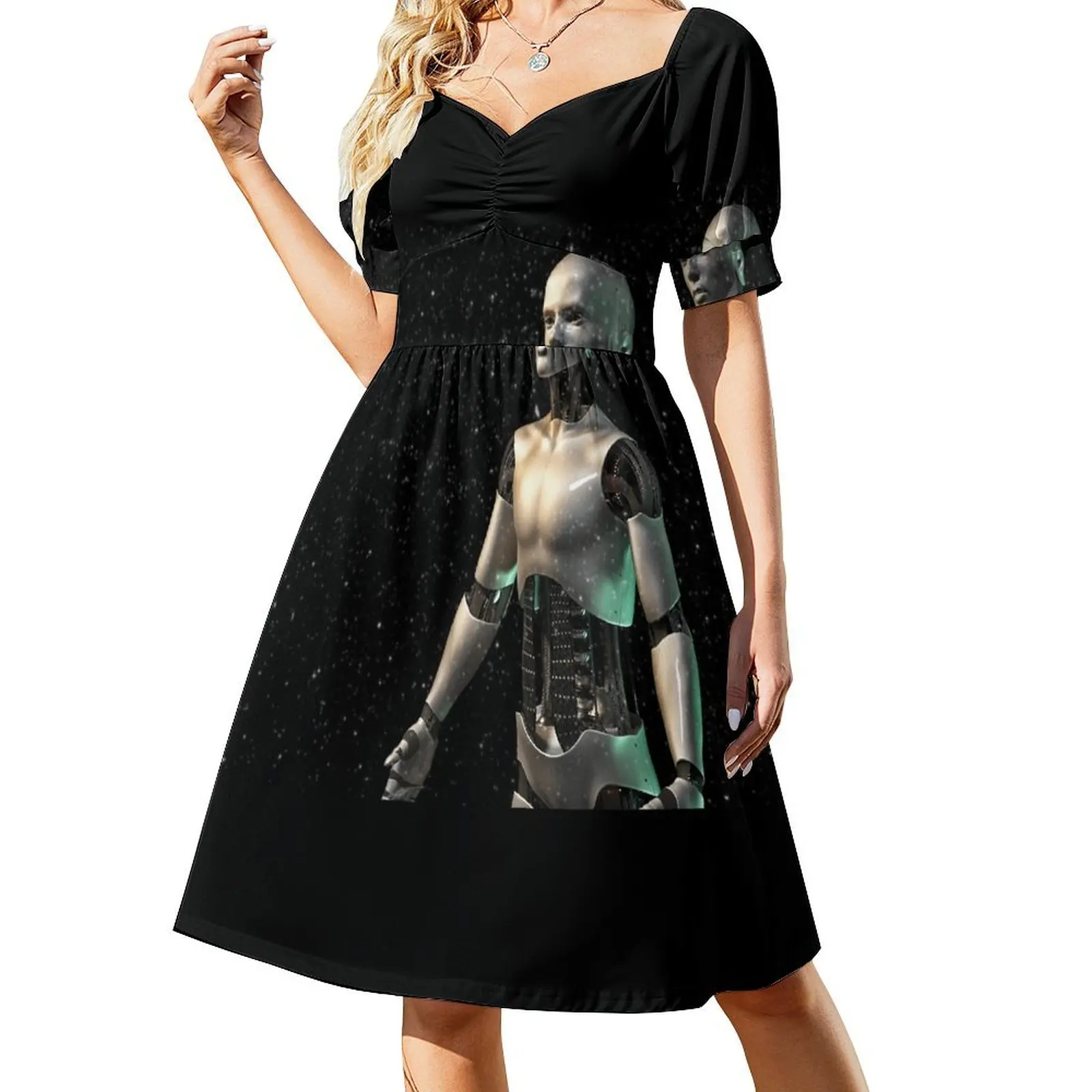 futuristic robot, shiny android man surrounded by glittery dust Short-Sleeved Dress dress for women summer Dresses