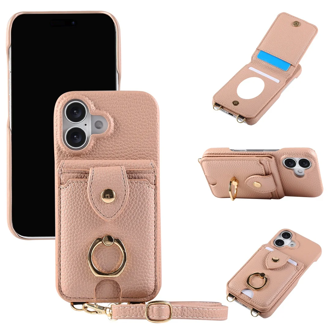 

Luxury Crossbody Strap Leather Card Pocket Wallet Case For iPhone 12 13 14 15 16 17 Pro Max Plus Mirror Phone Cover Ring Bracket