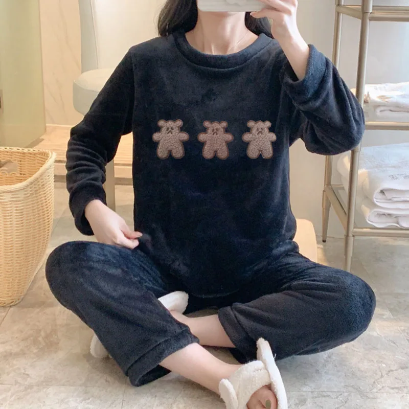 Thickened Warm Pajama Woman Winter O-Neck Home Wear Long Sleeve Plus Size Pajama Girl Cartoon Bear Cute Sleepwear Night Wear Xl